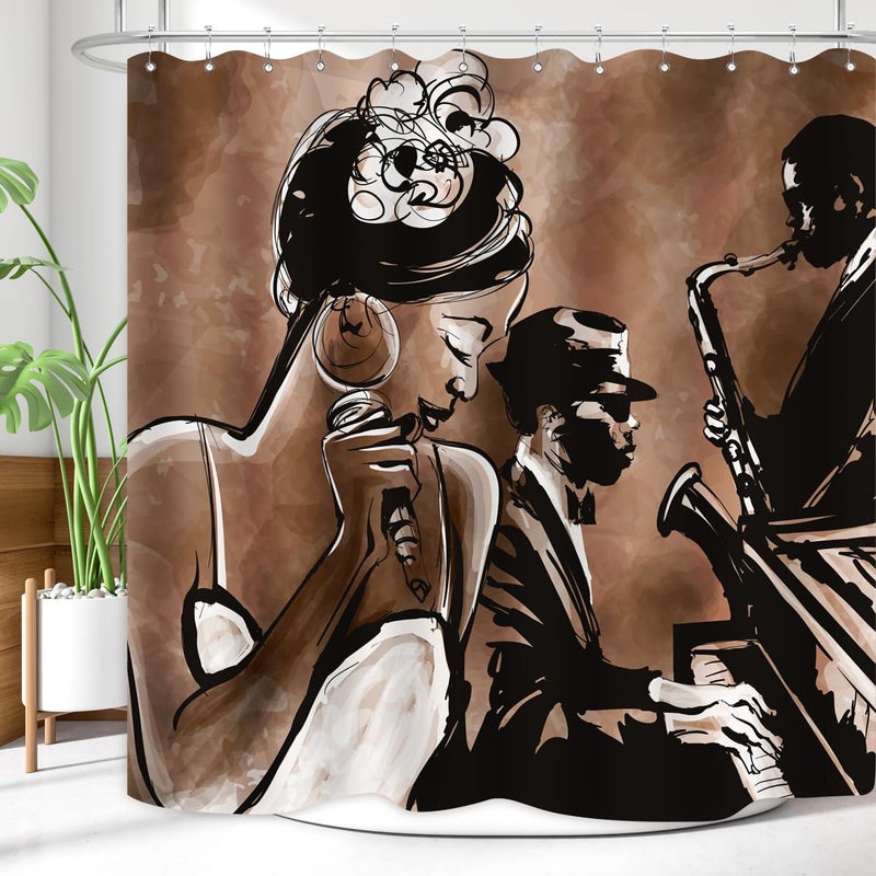 ZXMBF American Woman Jazz Shower Curtain African Black Girl Singing Jazzist Afrocentric Black Art Grunge Style Waterproof Fabric Bathroom Decor 72x72 Inch Brown Plastic Hooks 12 - Image 4